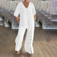 thumbnail image 6 of Scyoekwg Two Piece Outfits for Women Summer Cotton Linen Short Sleeve V-Neck Button Tops Wide Leg Pants Casual Trendy Sweatsuits Sets Loose Solid Color Outfits (White,L), 6 of 8