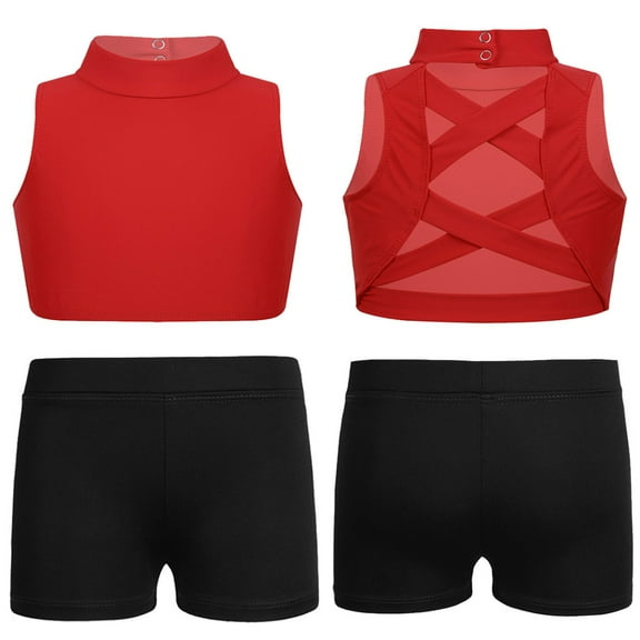 Lejafay Kids Girls Gymnastics Dance Sports Tracksuit Turtle Neck Crop Top & Booty Shorts Sets Red 10