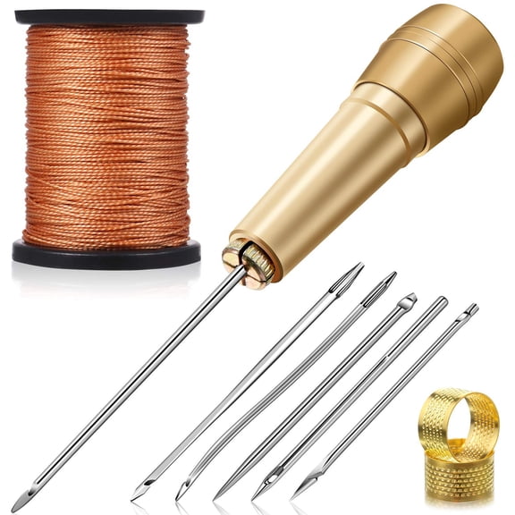 6 Pieces Canvas Leather Sewing Awl Needle with Copper Handle,50 m Nylon Cord Thread and 2 Pieces Thimble for Shoe and Leather Repair