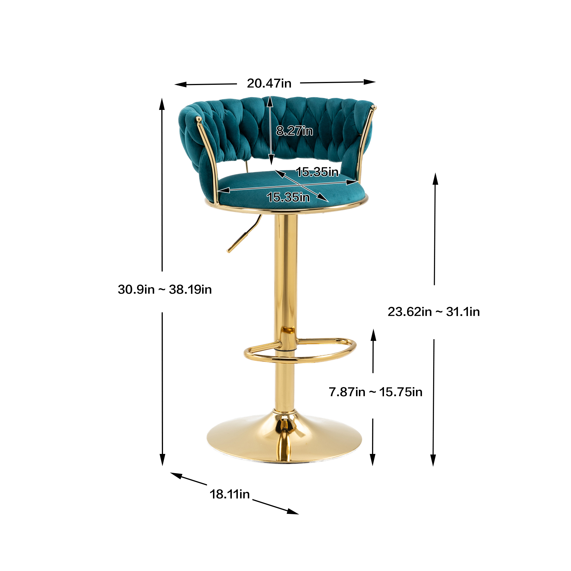 MOONMISS Velvet Swivel Bar Stools Set of 2, Adjustable Counter Height Bar Stool with Woven Back, Upholstered Kitchen Dining Chairs, Modern Barstools for Kitchen Island, Cafe, Pub, Bar Counter(Teal)