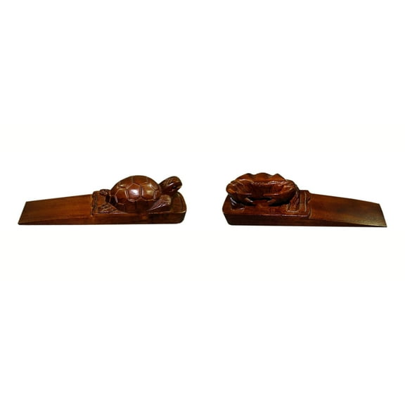 D-Art Collection Solid Teak Wood Turtle and Crab Door Stopper in Dark Brown