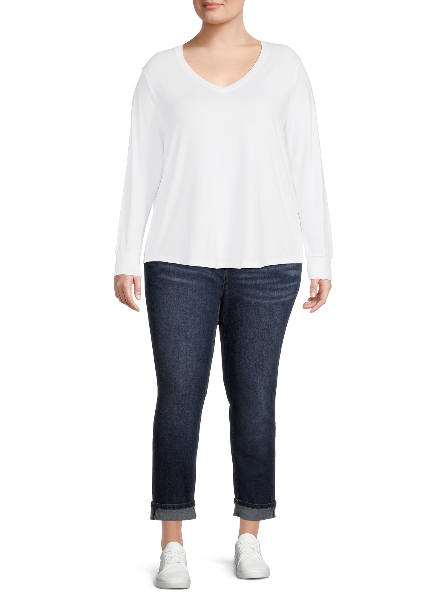 Terra & Sky Women's Plus Size V-Neck T-Shirt with Long Sleeves, 2-Pack