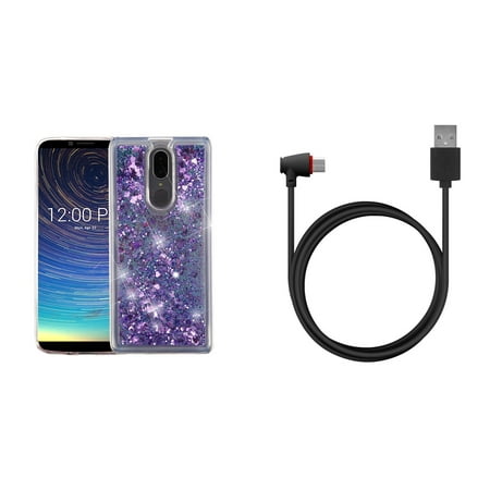 Bemz Quicksand Series Compatible with Coolpad Legacy (2019) Case Bundle: Liquid Glitter Sparkle Hybrid Protector Cover (Purple Hearts), Right Angle Flexible USB Type-C Charger Cable (4