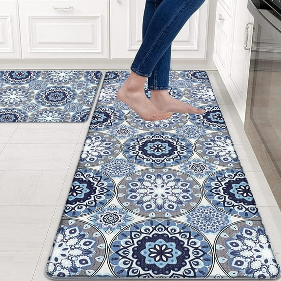 Kitchen Mats Sets 2 Piece, Memory Foam Kitchen Rugs and Mats Non Slip Washable, Farmhouse Anti Fatigue Kitchen Mat and Runner Set, Blue Cushioned Floor Comfort Mat, 17'''' x 47'''' 17'''' x 30''''