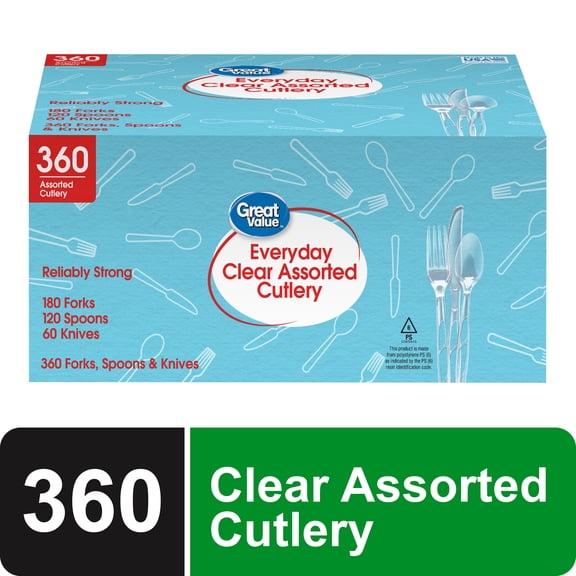 Great Value Everyday Plastic Disposable Assorted Cutlery Set, Clear, 360 Count