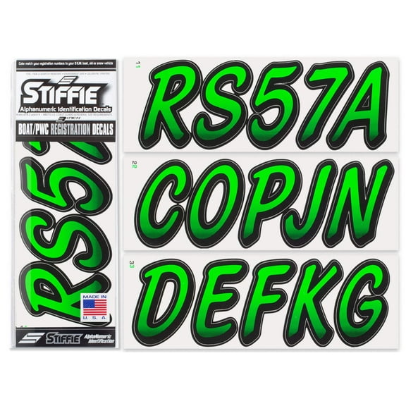STIFFIE Whipline Electric Green / Black 3" Alpha-Numeric Identification Custom Kit Registration Numbers & Letters Marine Stickers Decals for Boats & Personal Watercraft PWC
