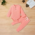 thumbnail image 2 of Mercatoo 𝐍ewborn Baby Girls Ribbed Knit Outfit Long Sleeve Plain Button Romper 𝐃rawstring Elastic Waist Pants Set Plain Set, 2 of 5