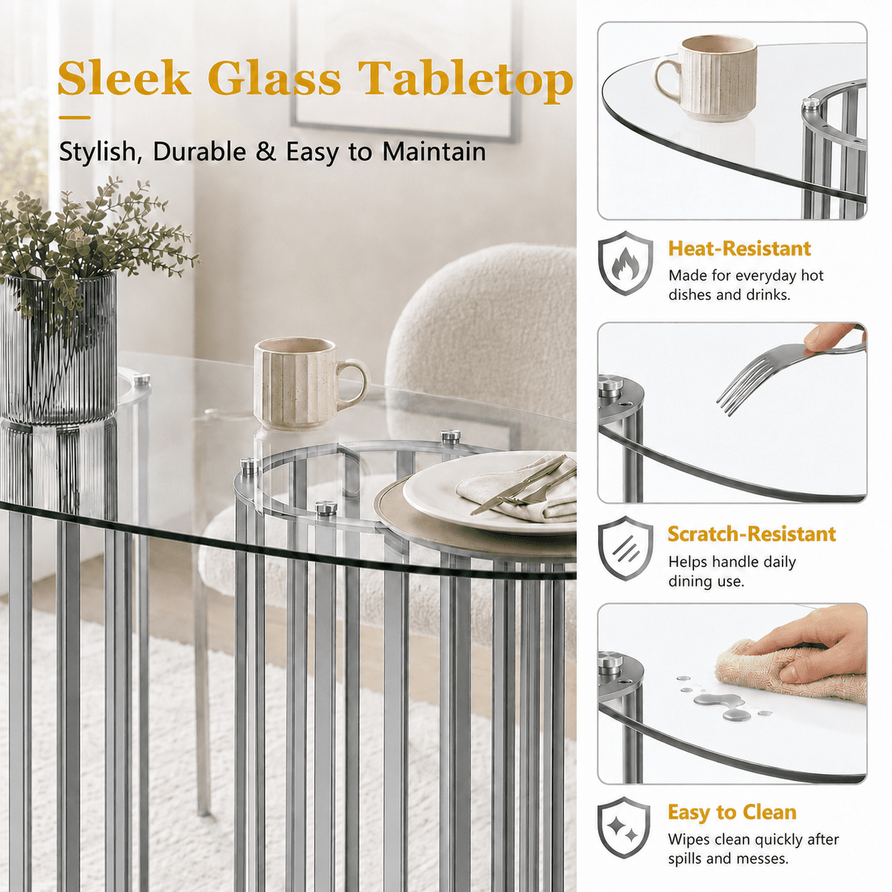 A7Store 71 in Glass Dining Table,Gold Dining Table for 6-8，Large Size Kitchen and Dining Room Table with Tempered Glass top and Gold Double Column Metal Legs, Modern Rectangular Dining Table