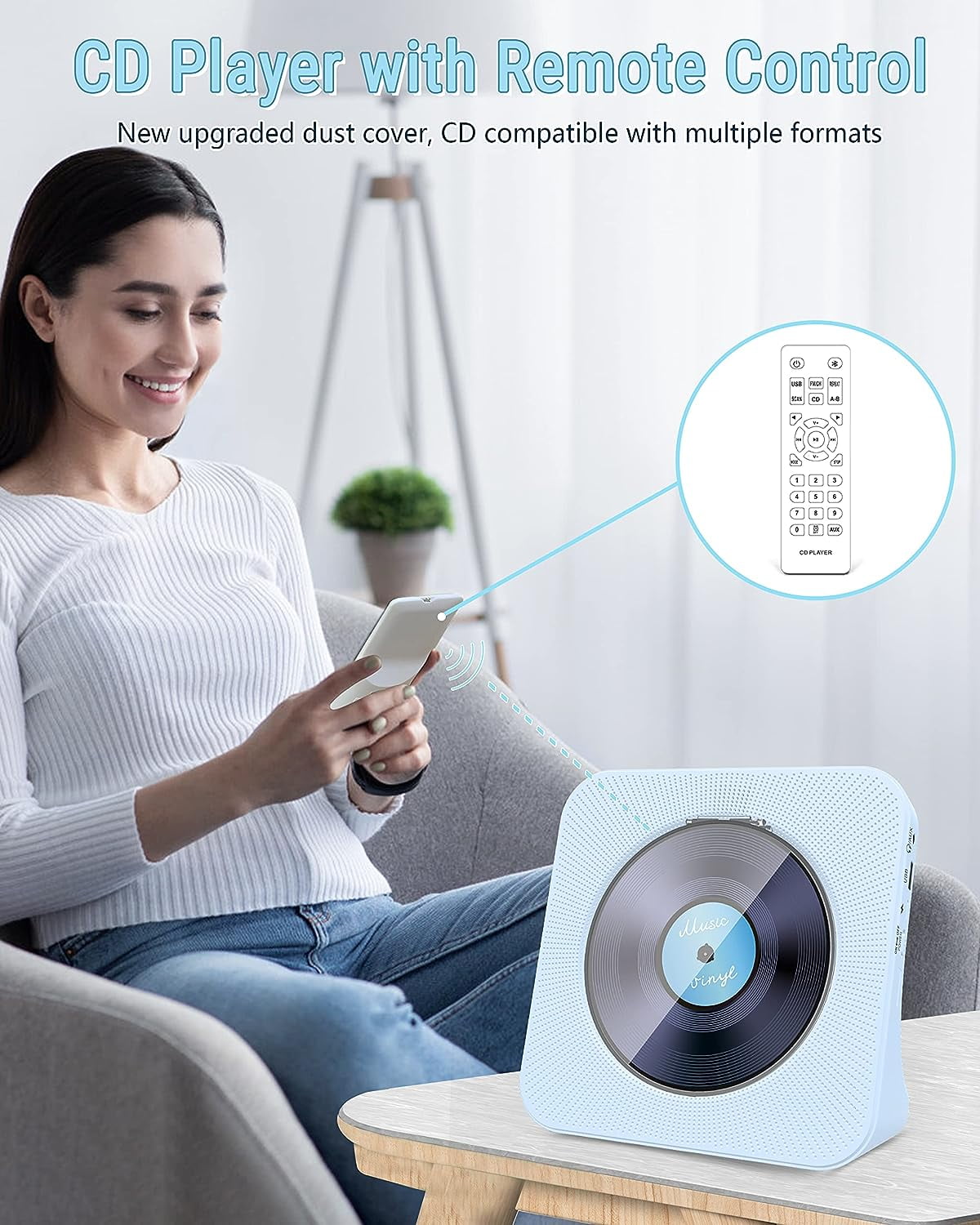 CD Player Portable Bluetooth Desktop 4000mAh Rechargeable CD Player with Remote Control for Home CD Player with Timer HiFi Speakers Dust Cover LCD Screen Display FM Radio-Blue