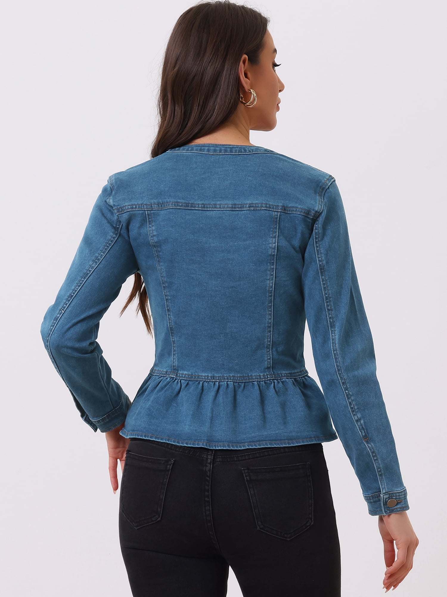 DARING DIVA Women's Button Down Cropped Ruffle Hem Denim Jacket L Denim Blue