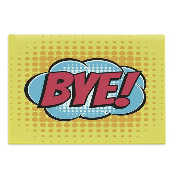 Going Away Party Cutting Board, Comic Book Bubble Text Retro Style Bye Cartoon Design Art, Decorative Tempered Glass Cutting and Serving Board, Large Size, Pale Blue Hot Pink, by Ambesonne