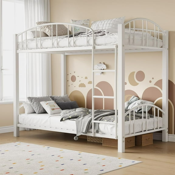 Towallmark Metal Bunk Bed Twin Over Twin, Heavy Duty Bunkbeds Frame with Arched Guardrail and Safety Ladder, Sturdy Steel Bed, Space-Saving, No Box Spring Needed, Modern White