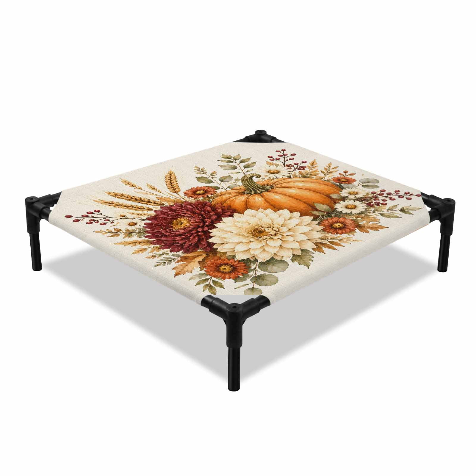 Thanksgiving Elevated Dog Bed Orange Pumpkin Watercolor Autumn Floral Leaf Fruit Cooling Breathable Outdoor Raised Dog Cot Bed with Metal Frame Non-Slip Feet for Small Dog 20x20in