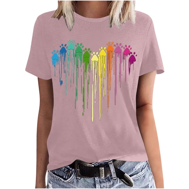 Camisetas de Manga Corta para las Mujeres Impresas Cuello Redondo Casual Camiseta, 95% Poliéster 5% Spandex Vintage Ligero Top para Diario, Fiesta Y Primavera