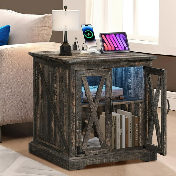 Uforic Farmhouse End Table with Power Outlets, Side Table Nightstand with LED Lights & Doors, Oak