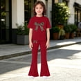 thumbnail image 5 of UACY Girls Fashion Clothes Leopard Bow 2 Piece Outfits Kids Cute Clothing Sets Short Sleeve T Shirt Matching Flare Pants Set (Wine, 1-2 Years), 5 of 5