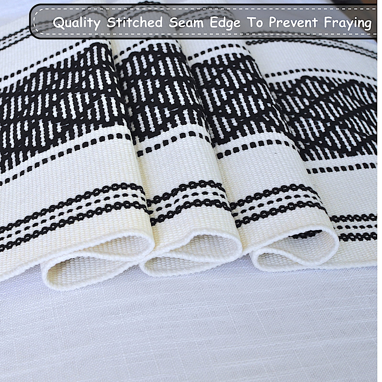 Cotton Table Runner with Tassels 14x90 Inches, Black & Cream | Boho Woven Washable Dresser Scarf | Farmhouse Long Cotton Table Runner with Fringe