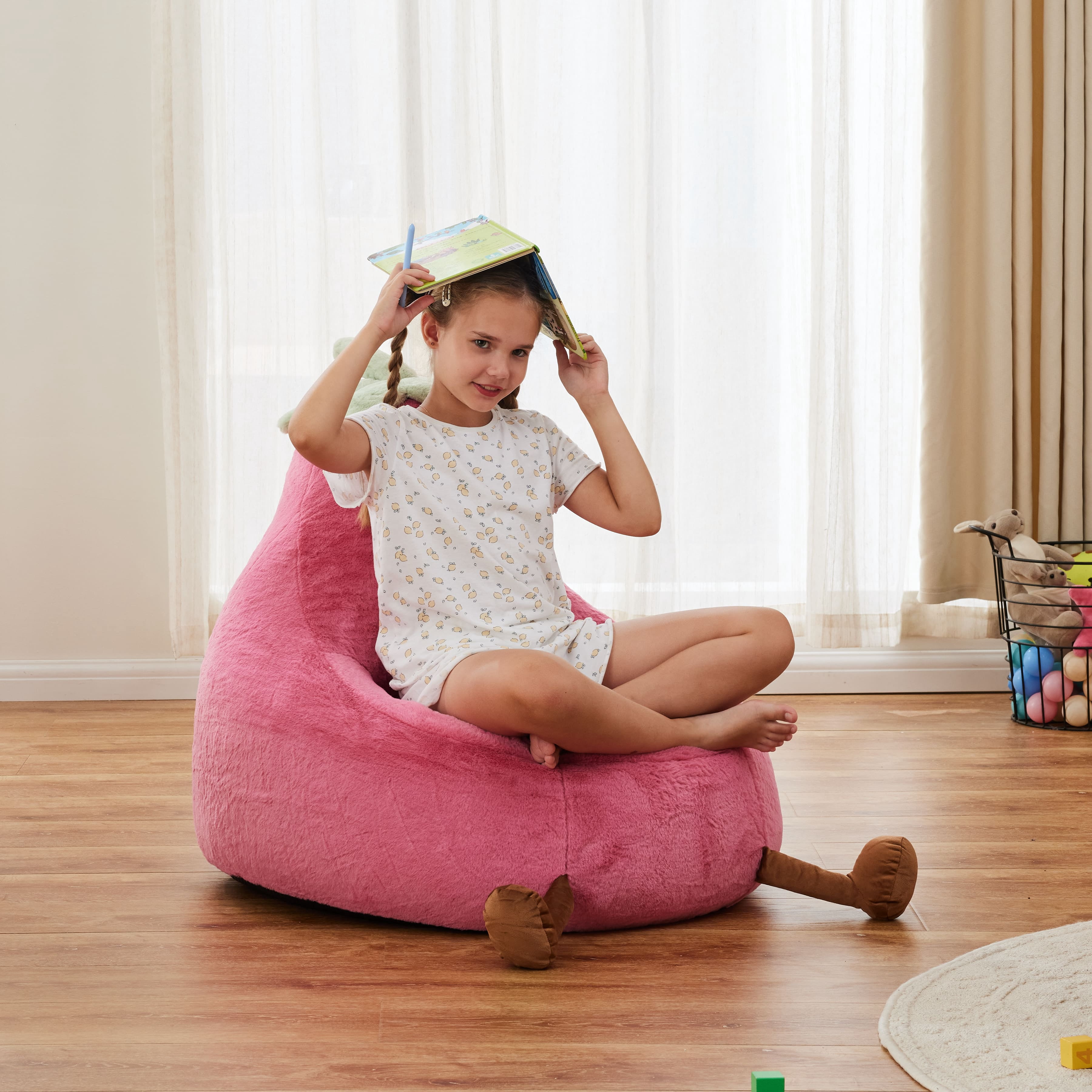 CONCETTA 31in Bean Bag Chair, Soft Faux Rabbit Fur Fabric, Cute Eggplant Lazy Chair for Kids, Living Rooms, Rose Red