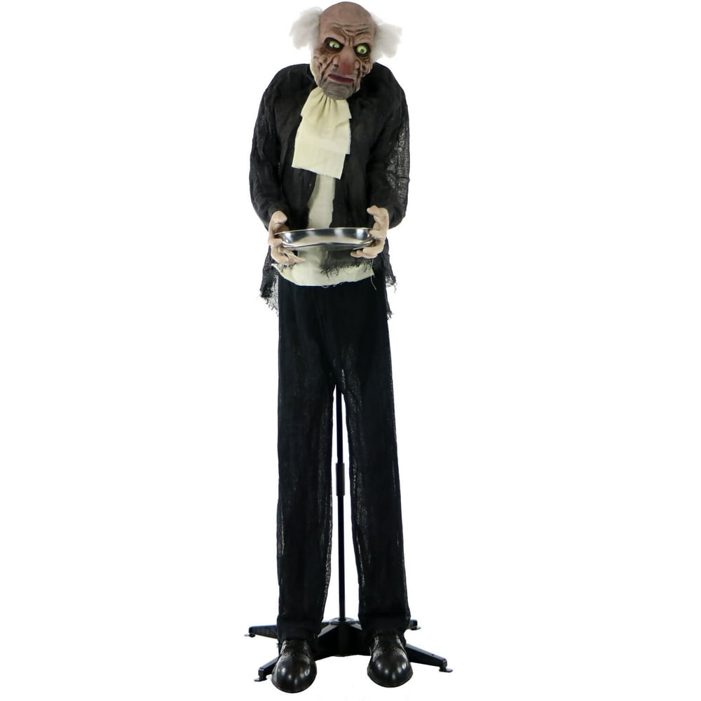 Haunted Hill Farm Life-Size Animated Moaning Butler Prop Holding Silver ...