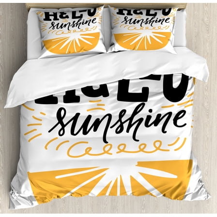 Hello Sunshine Duvet Cover Set Queen Size, Doodle Style Flowers and Swirled Lines Typography Pattern, Decorative 3 Piece Bedding Set with 2 Pillow Shams, Charcoal Grey and Pale Orange, by Ambesonne