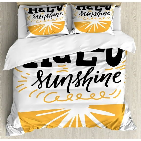 Hello Sunshine Duvet Cover Set Queen Size, Doodle Style Flowers and Swirled Lines Typography Pattern, Decorative 3 Piece Bedding Set with 2 Pillow Shams, Charcoal Grey and Pale Orange, by Ambesonne