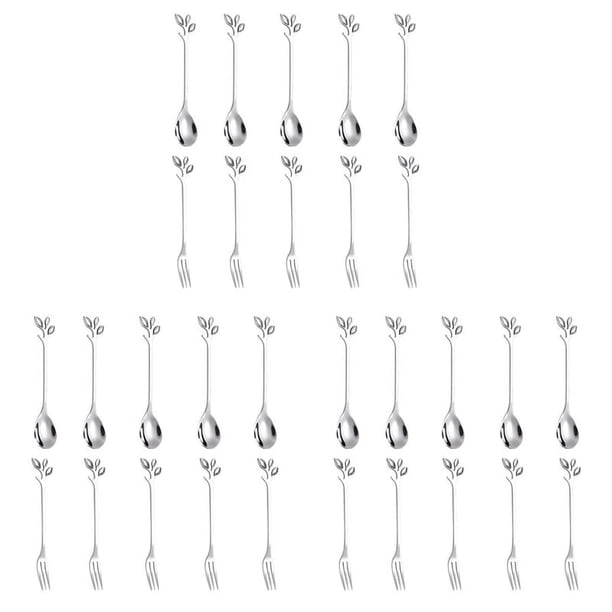 15 Cuchara + 15 Tenedores Hoja de Acero Inoxidable Cuchara de Pastel de Café Tenedor Cucharas de Postre, Juego de Cucharaditas para Remover Plata