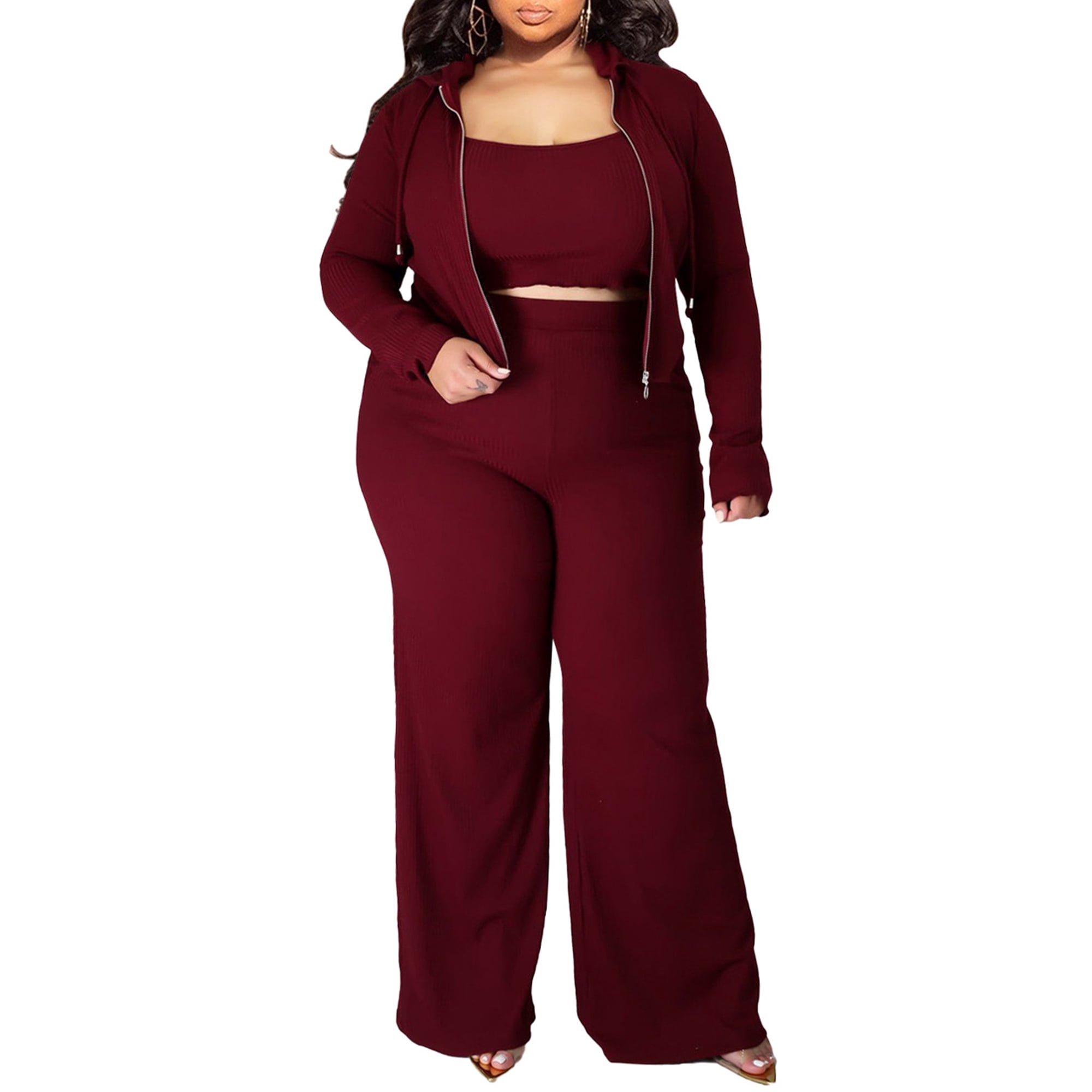 MAWCLOS Women Plus Size Tracksuit Hooded 3 Piece Outfits Long Sleeve Sweatsuits Soft Work Scoop Neck Hoodies Tank Tops Pants Set Claret 4XL Walmart