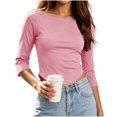 thumbnail image 5 of Yangnuo Women Solid Boat Neck 3/4 Sleeve Curved Hem Fitted Cropped Casual Layering Fashion Tops For Women, 5 of 5