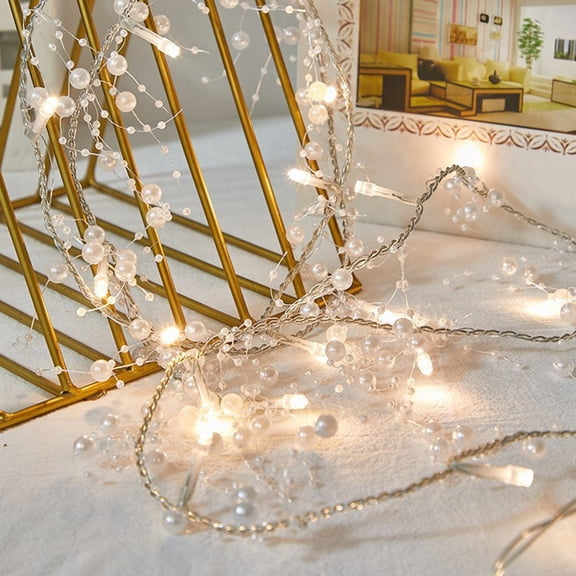 Vnice Valentine's Day Decorations 15FT Pearl Garland String Lights 40LED Festive Lighted Berry Beaded Indoor Bedroom Decor Warm Lights for Wedding Party Battery Operated,White