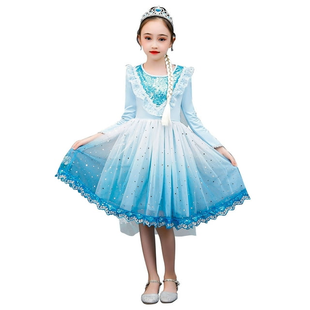 Robe de Princesse, Costume à Manches Longues pour Fille de 3 à 8 Ans, Bleu