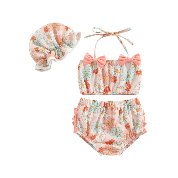 BemeyourBBs Newborn Baby Girls 2 Piece Swimsuits Bikini Set with Swim Hat Infant Baby Girl Bathing Suit Front Bow Floral Print Halter Swimwear Summer Beachwear