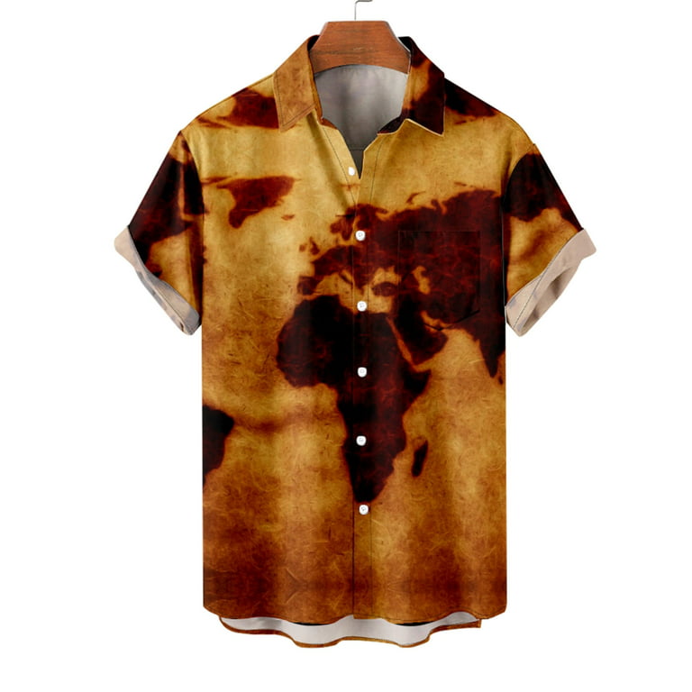 Dovford Bowling Shirts for Mens Casual Button Down Shirt Map Print Retro Shirts 50s Rockability Style Short Sleeve Summer Shirt, Men's, Size: Large