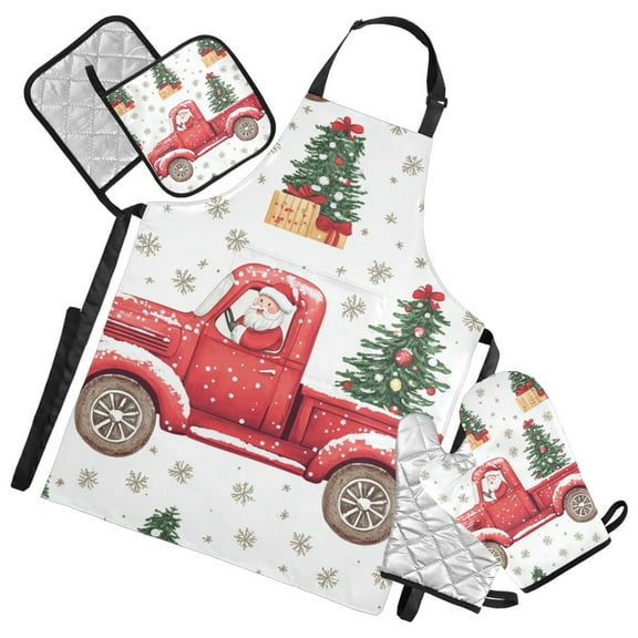 Santa Driving Car with Christmas Trees Snow Apron Set with Oven Mitts Pot Holders Set of 5 Kitchen Stuff Accessories