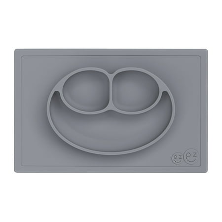 UPC: 0858178005101 | Ezpz Happy Mat (Gray) – 100% Silicone Suction Plate with Built-in Placemat for Toddlers + Preschoolers – Divided Plate – Dishwasher Safe – 24 Months+