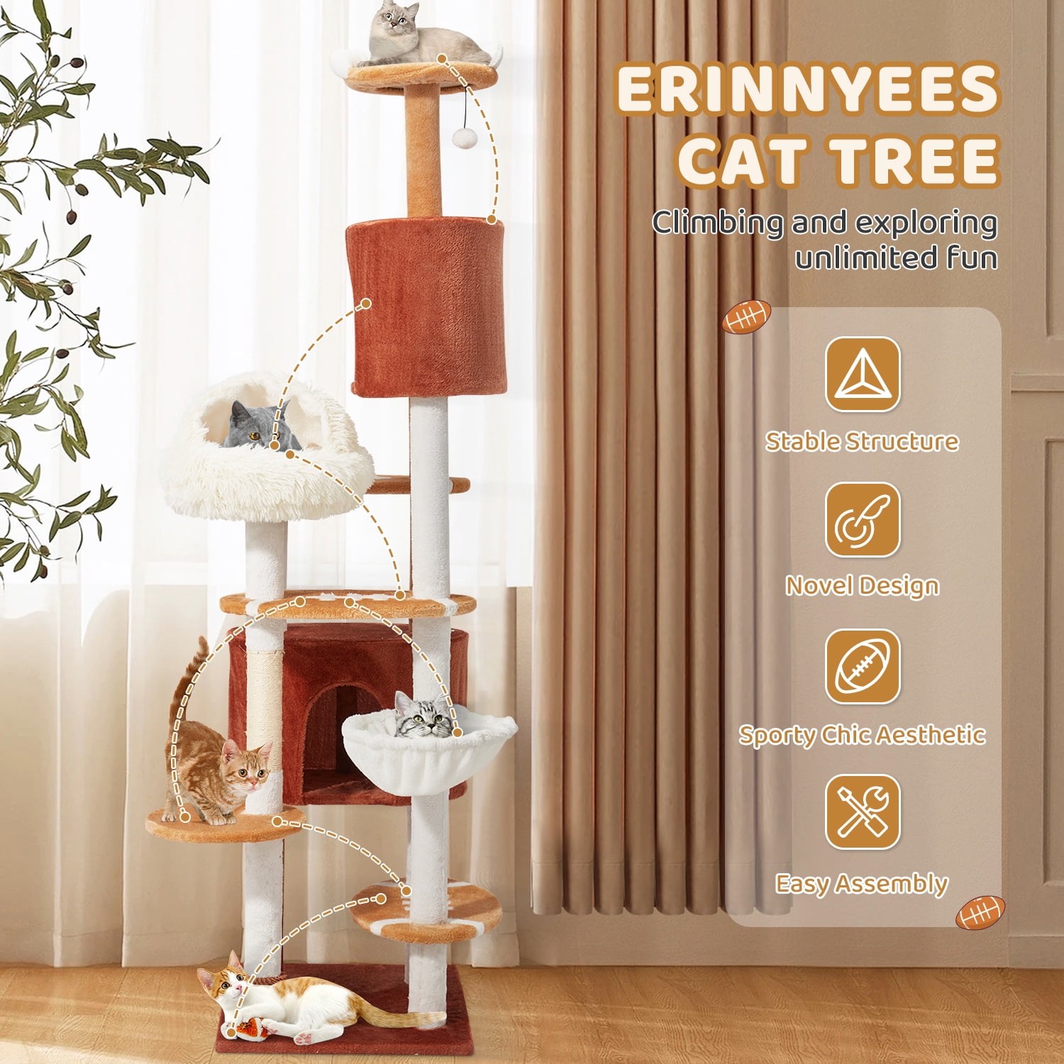 Erinnyees Cat Tree with Football Design, 74 Inches Cat Tower, Cozy Cat Cave Bed for Indoor Cats, 2 Cat Spacious Condos with Sisal Scratching Post, 5 Perches, Hammock and 2 Pompoms