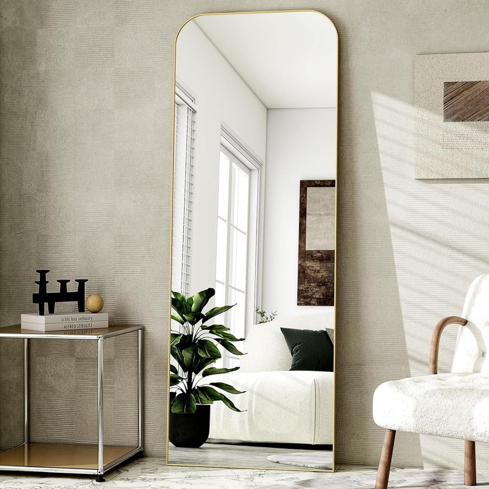AUROMIR 64"x21" Arched Full Length Mirror Freestanding Floor Mirror with Metal Frame, Gold