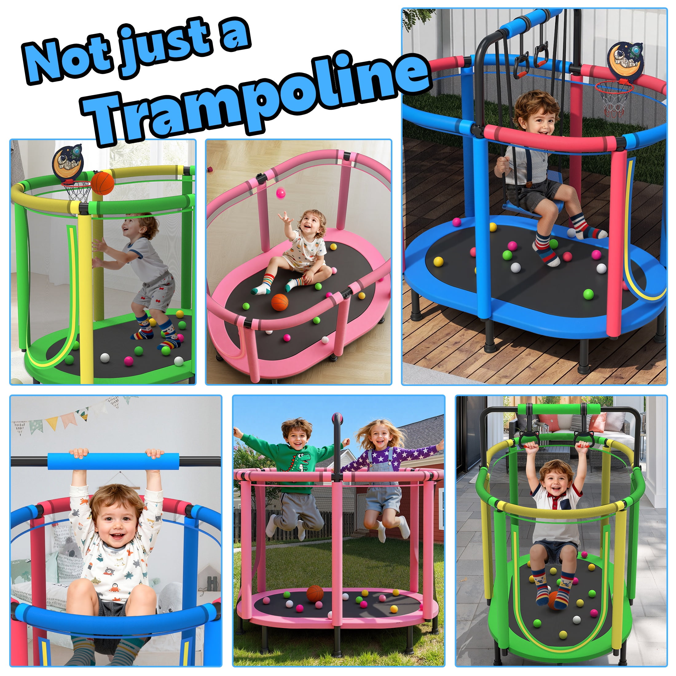 60" Toddler Trampoline with Safety Enclosure Net, SEGMART Upgraded Kids Trampoline with Basketball Hoop, Swing, Rings, Balls, Indoor Outdoor Mini Trampoline Birthday Gift for Kids Ages 3-9