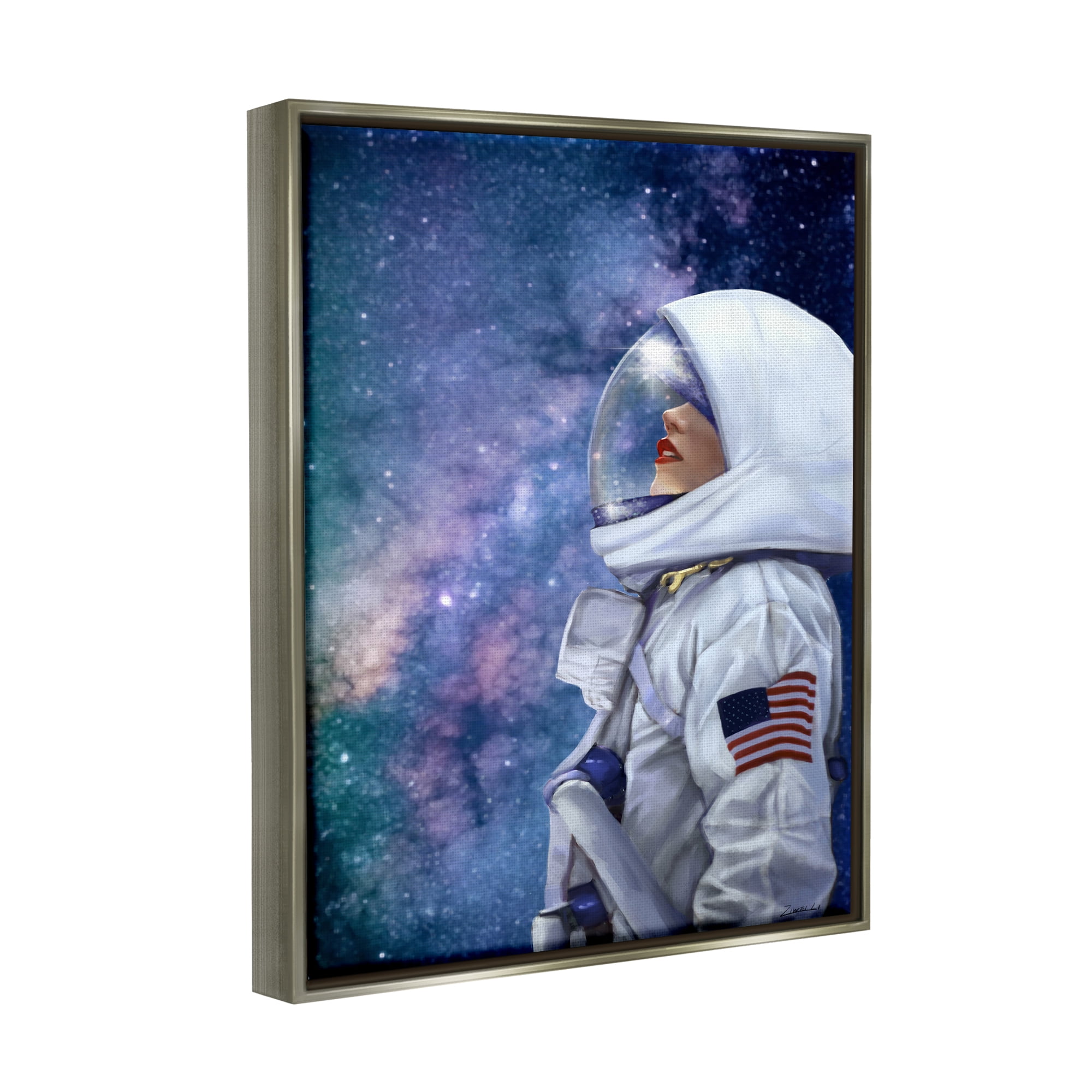 Stupell Industries Outer Space Astronaut Female Astronaut Lipstick Detail Luster Gray Framed Floating Canvas Wall Art, 16x20, by Ziwei Li