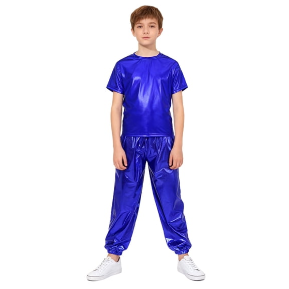 vastwit Kids Metallic Disco Jazz Hip Hop Dance Outfit Short Sleeve Tops with Jogger Pants Dancewear Royal Blue 140