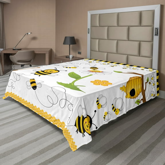 Ambesonne Flower Flat Sheet, Bees Daisies Chamomile, King Size, Yellow White and Black