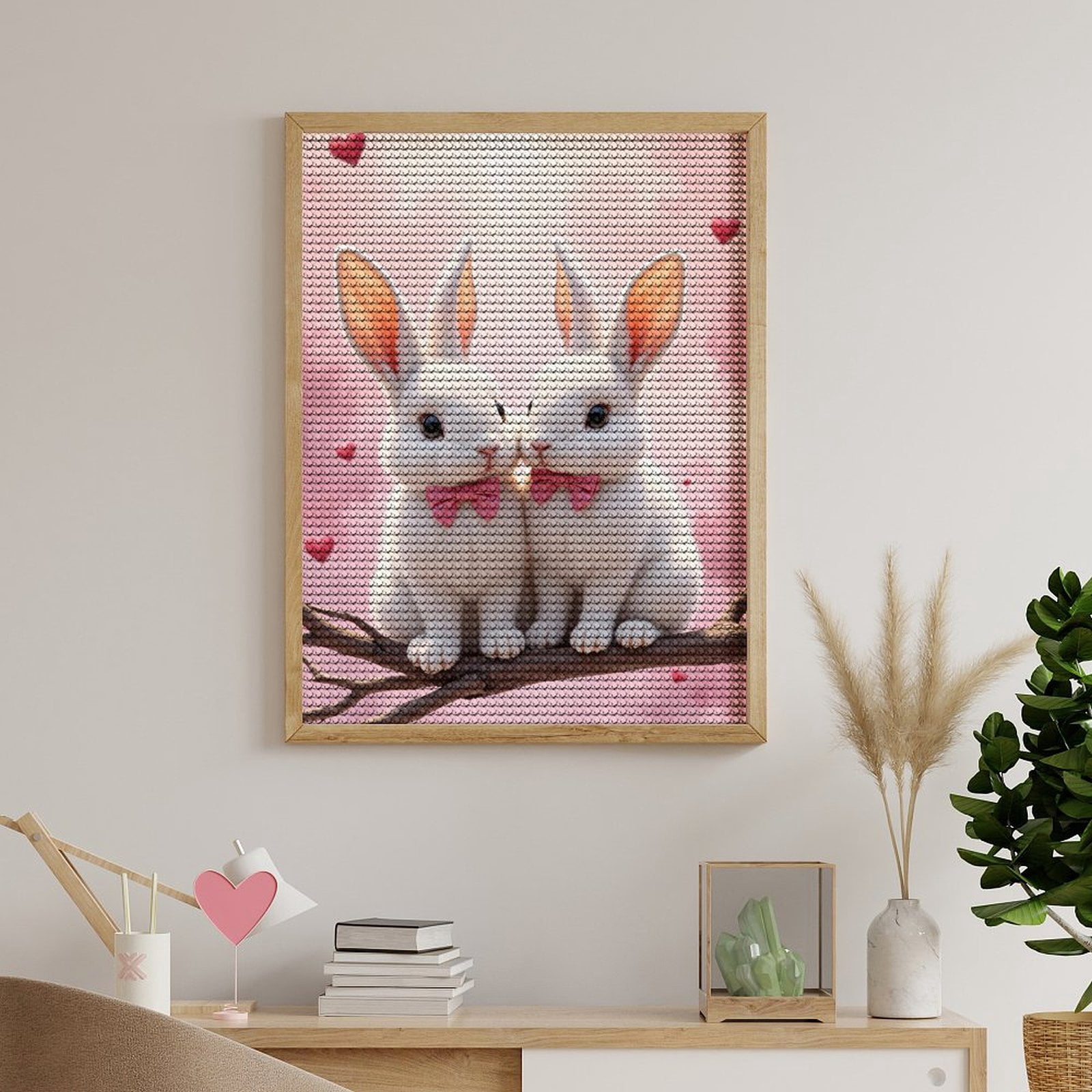 Diamond Art Kits for Adults, White Rabbits Pink Bows Hearts 5D Diamond Painting Kits for Adults Beginners, DIY Full Drill Diamond Painting, Gem Art and Crafts 12x16
