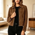 thumbnail image 3 of Guieoi Faux Suede Jacket for Women Long Sleeve Collared Zippered Retro Casual Short Fall Tops with Lined Khaki S, 3 of 8