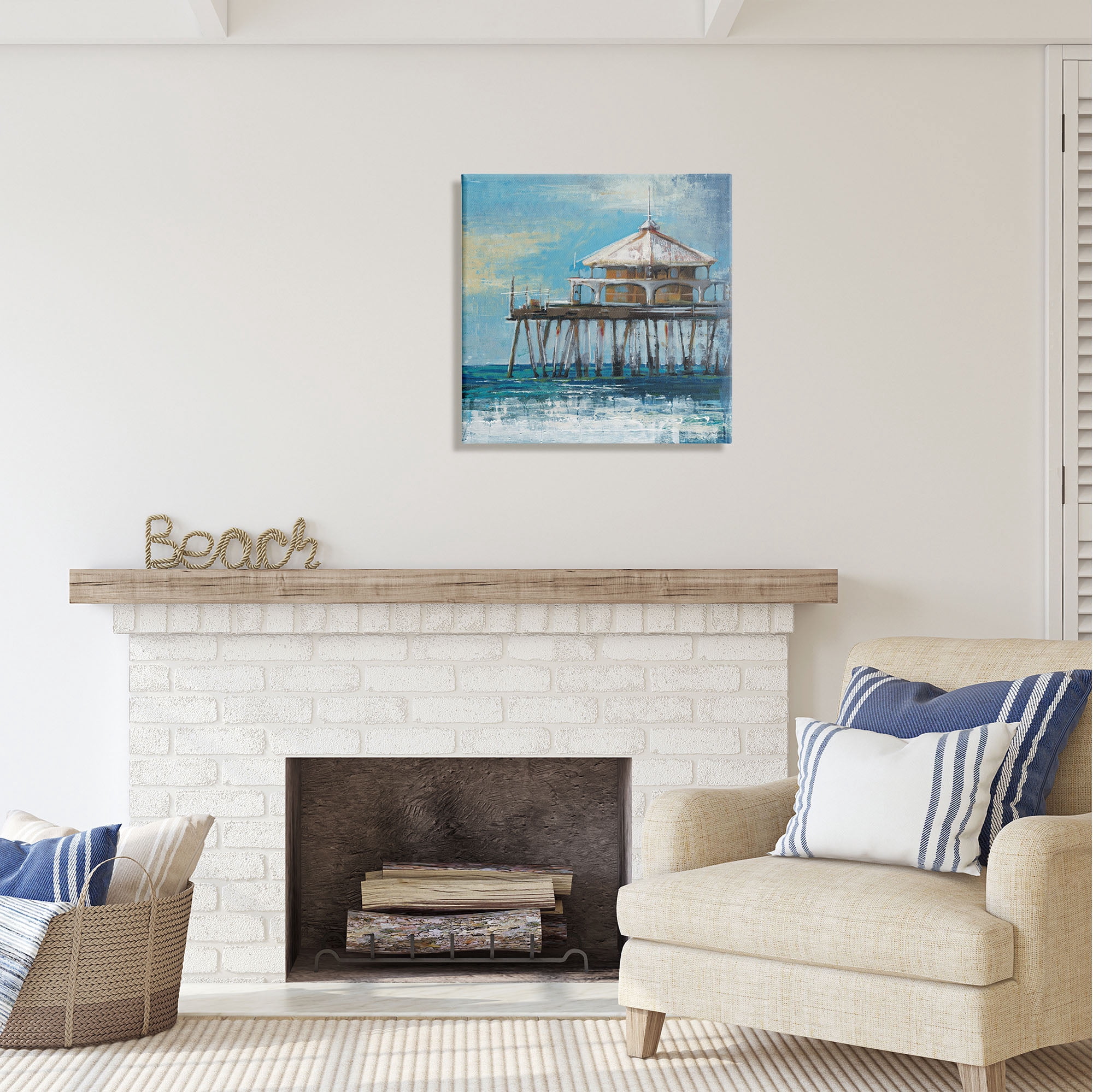 Stupell Industries Ocean Pier Painting Nature Painting Gallery Wrapped Canvas Print Wall Art, 24 x 24