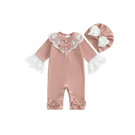 

Baby Girl 2Pcs Outfits Long Sleeve Lace Trim Jumpsuit with Turban Hat