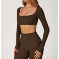 thumbnail image 6 of PISONIC Workout Sets for Women 2 Piece Square Neck Long Sleeve Crop Tops High Waist Flared Leggings Gym Sets, 6 of 13