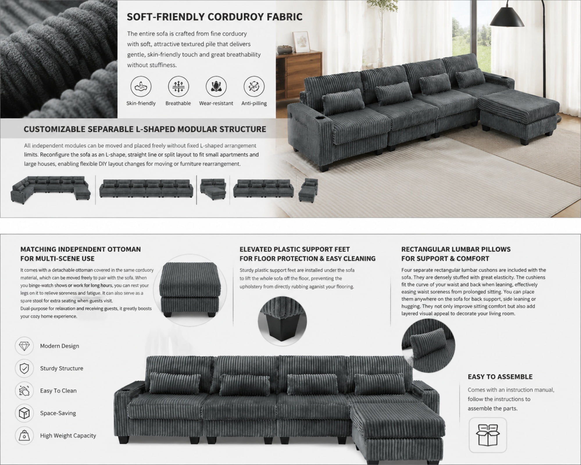 Modular L-Shaped Sectional Sofa with Detachable Ottoman Footrest and Cup Holders, Corduroy 4-Seater Sofa Couch with Side Storage Pockets and Sturdy Plastic Support Feet for Living Room