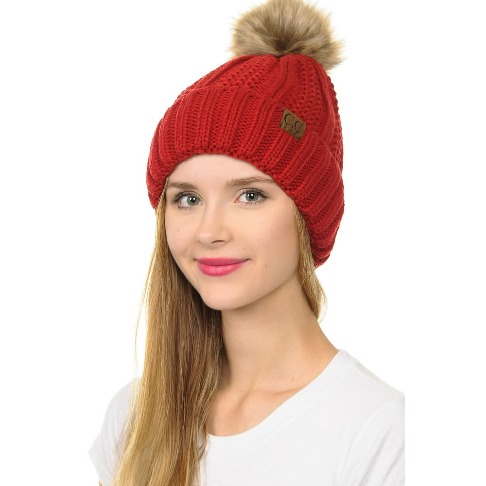 C.C C.C YJ820 Thick Cable Knit Hat Faux Fur Pom Pom Fleece Lined