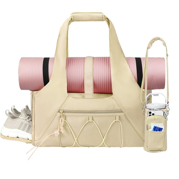 Stillithou Waterproof Gym Bag Women Men, Foldable Sports Duffle Bag with Water Bottle Carrier Bag, Lightweight Travel Duffle Bag with Shoe Compartment for Gym, Yoga, Travel, Beige