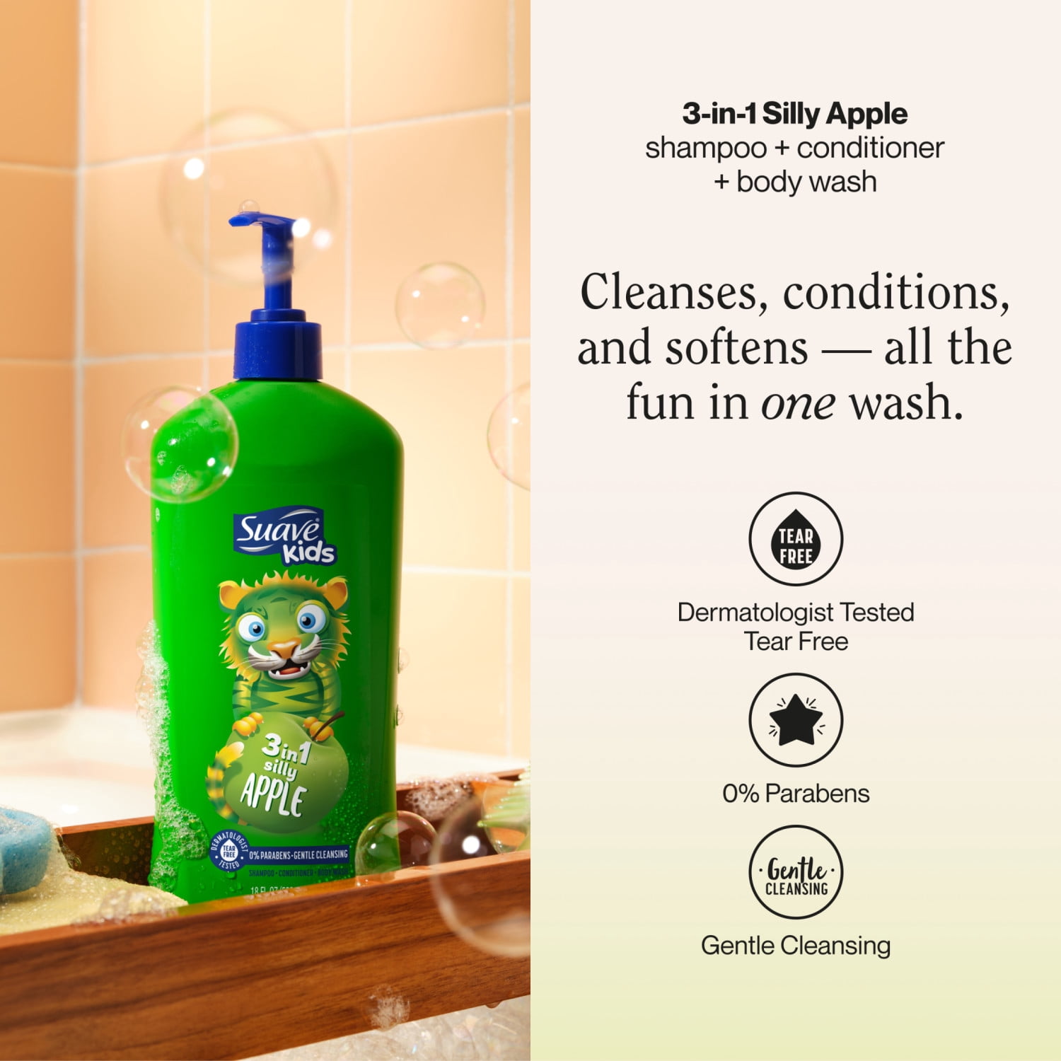(6 pack) Suave Kids 3 in 1 Silly Apple Shampoo, Conditioner & Body Wash, 18 FL OZ Pump