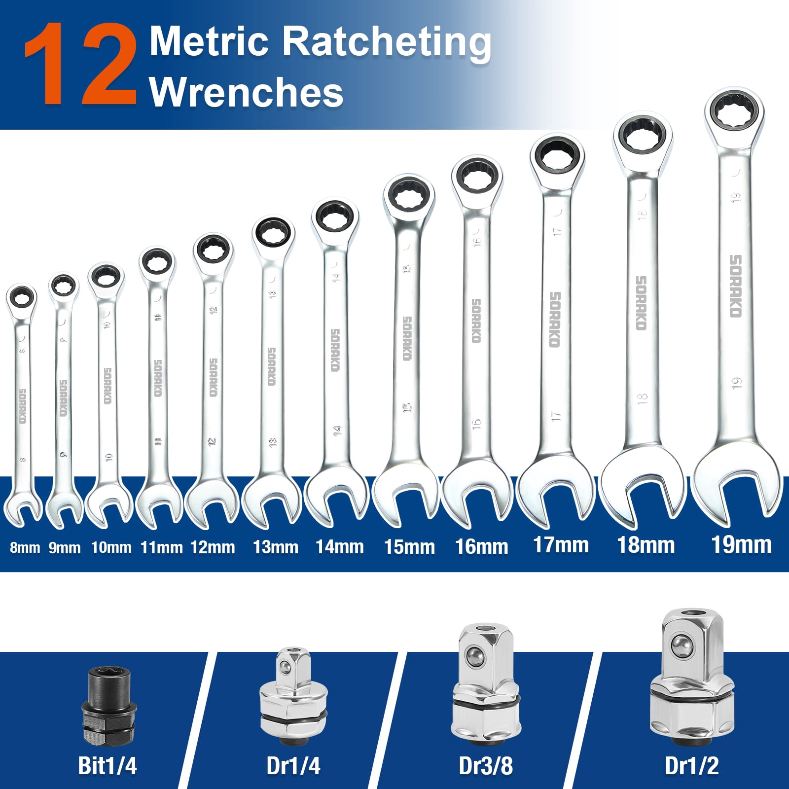 SORAKO 16pcs Ratchet Wrench Set 72 Tooth 1/4-13/16 Combination Spanner